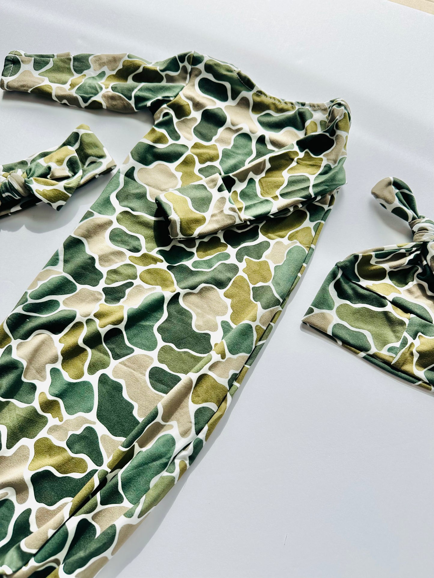 Theo Camo Sleep Sack Tie Bottom With Head Wrap And Bow RTS