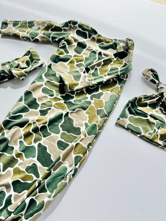 Theo Camo Sleep Sack Tie Bottom With Head Wrap And Bow RTS