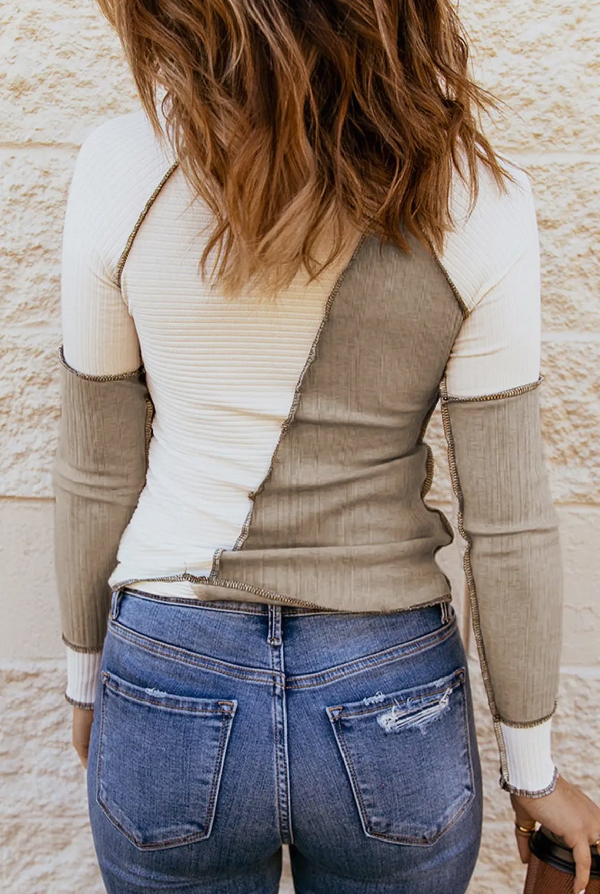 Down For Whatever Exposed Seam Colorblock Top - Cream