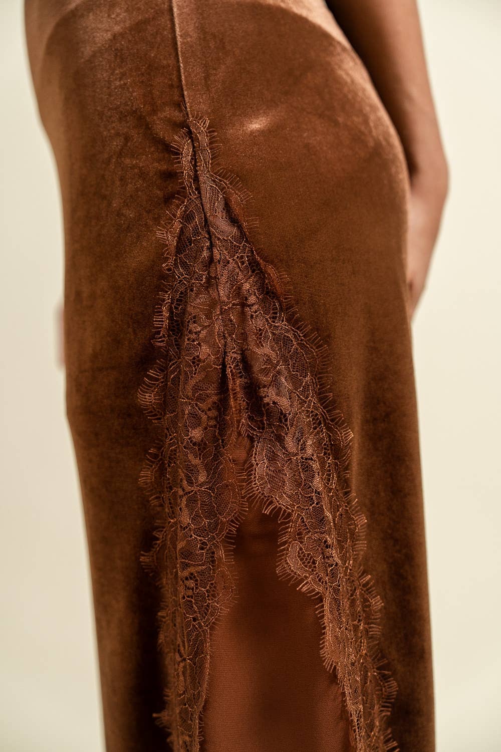 Mocha Velvet Lace Detail Maxi Dress