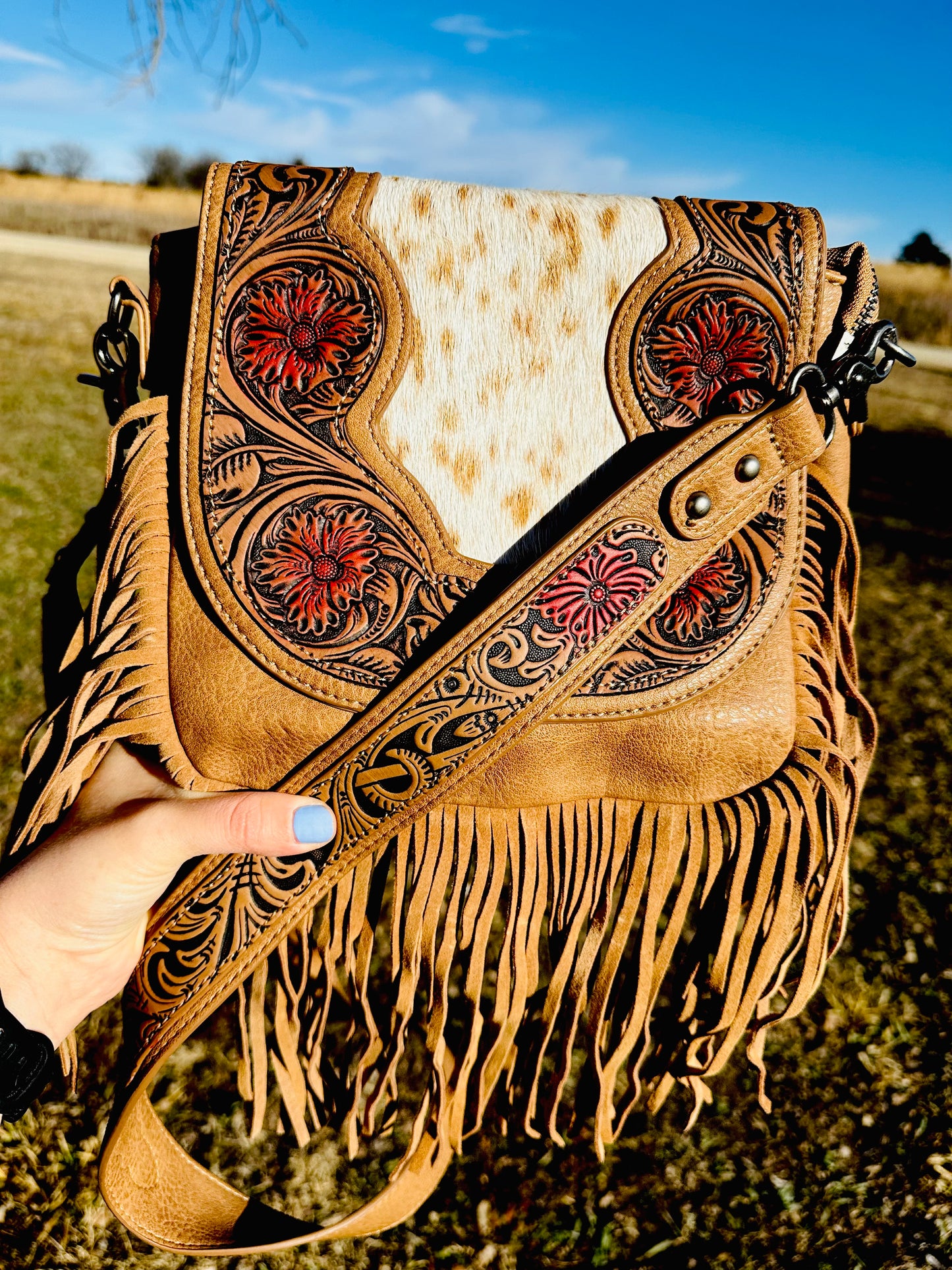 Genuine Leather Fringe Crossbody - Tan