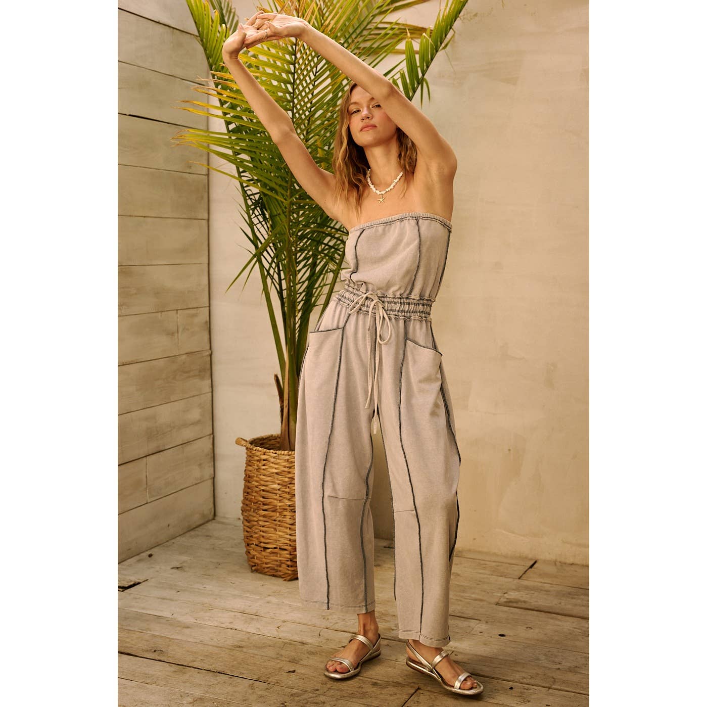 Cloud Mineral Wash Contrast Stitch Barrel Leg Jumpsuit