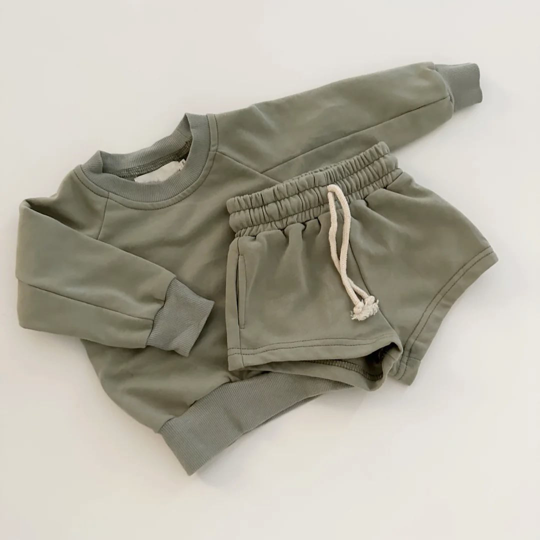 Spring Terry Cotton Neutral Short + Crew Set PreO