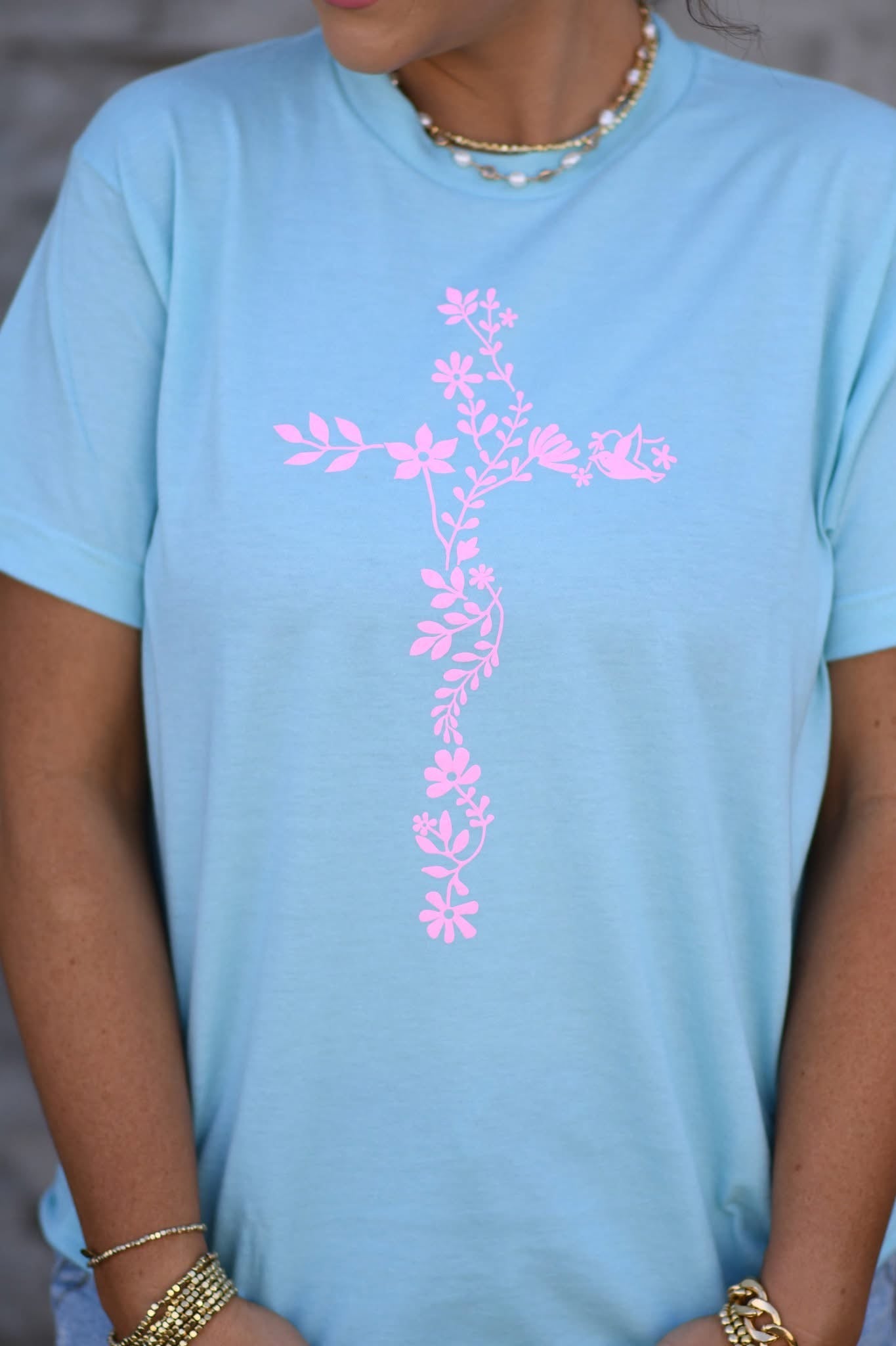 Neon Pink Floral Cross Tee RTS