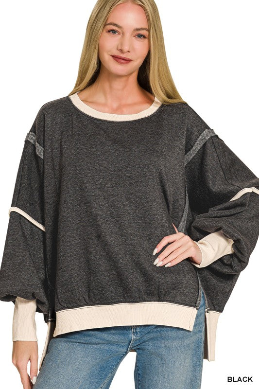 Bianca Bell Sleeves Contrast Fleece Trim Pullover