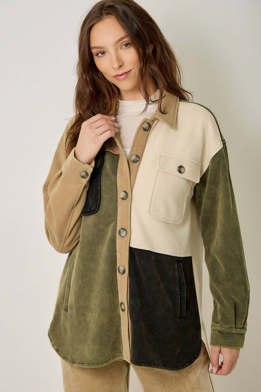 Olive Color Block Washed Shacket