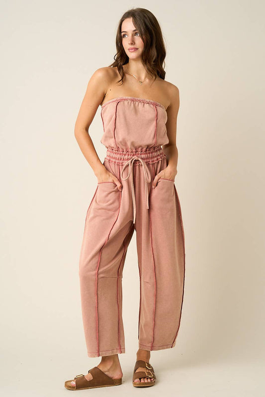Weathered Brick Mineral Wash Strapless Barrel Jumpsuit