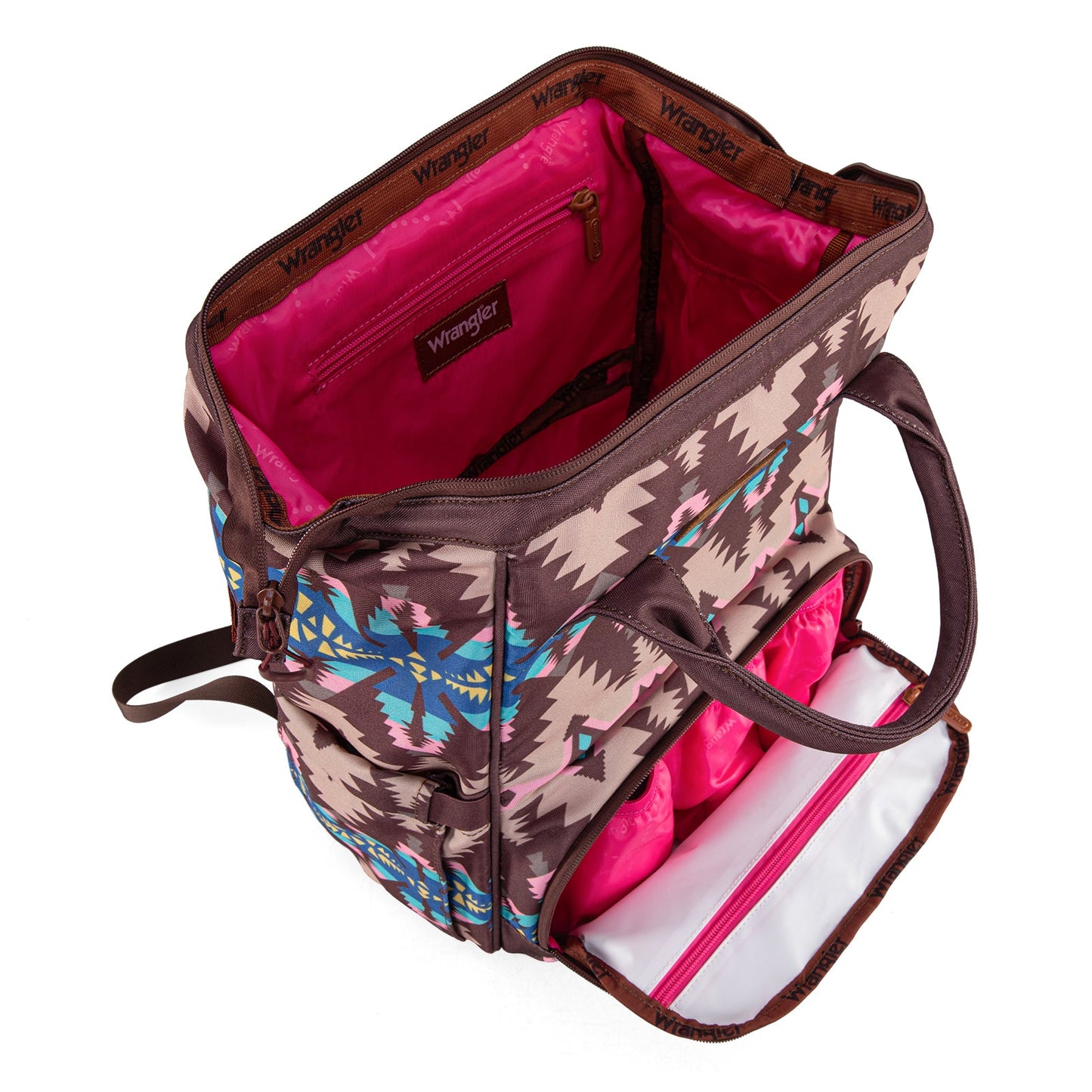 Aztec Brown Wrangler Bag / Diaper Bag - Hot Pink Interior