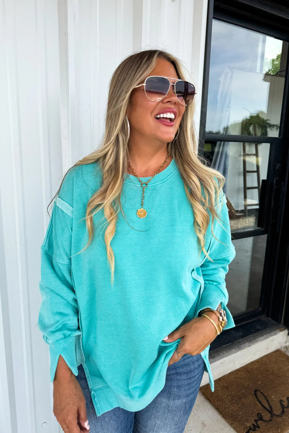 Teal Vintage Wash + Unique Hem Crew