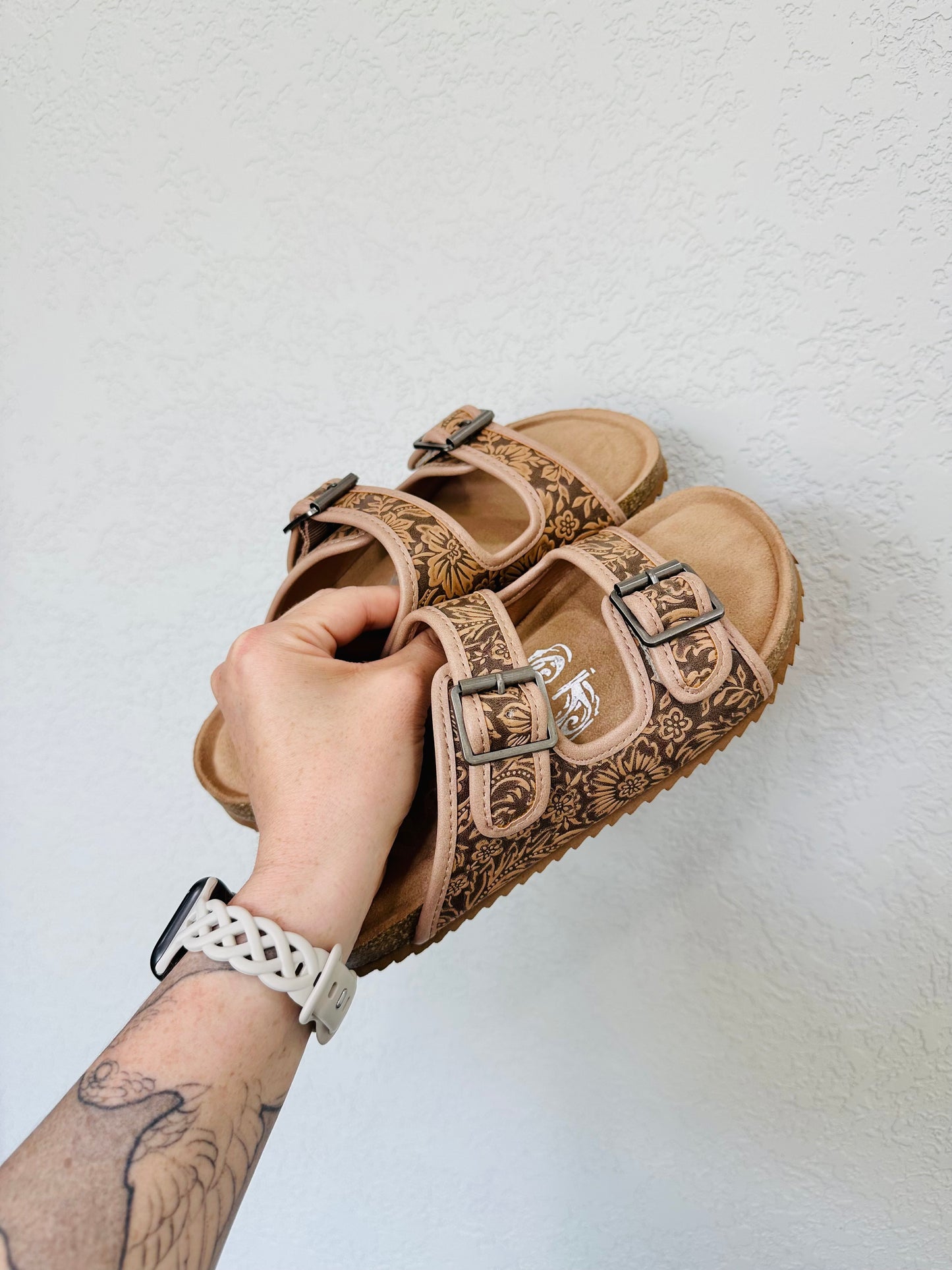 Viral Tambra Tooled Leather Double Buckle Slides - RTS