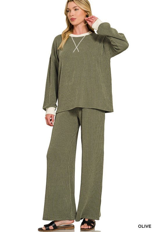 Layed Over Lounge Ribbed Contrast Trim Pant Set