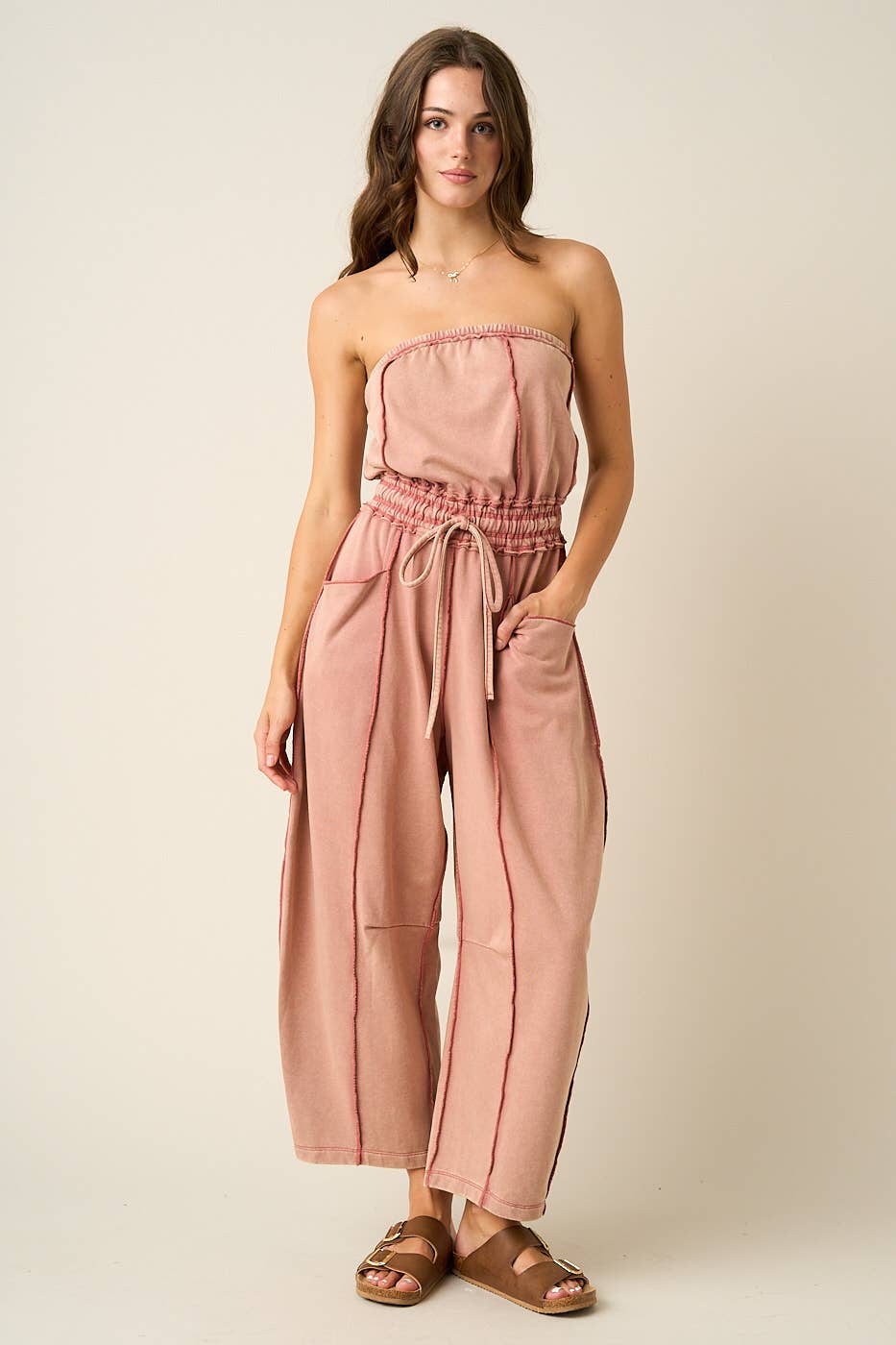 Weathered Brick Mineral Wash Strapless Barrel Jumpsuit