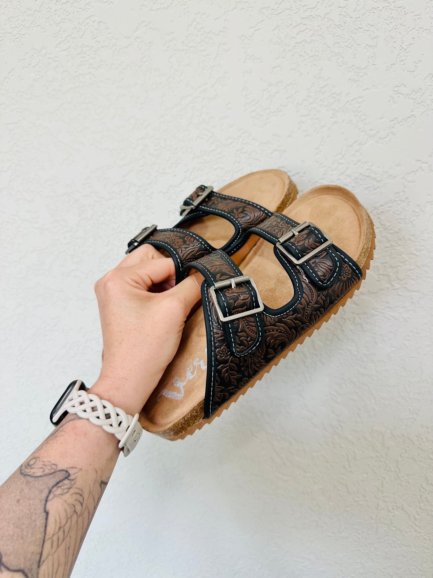 Viral Tambra Tooled Leather Double Buckle Slides - RTS