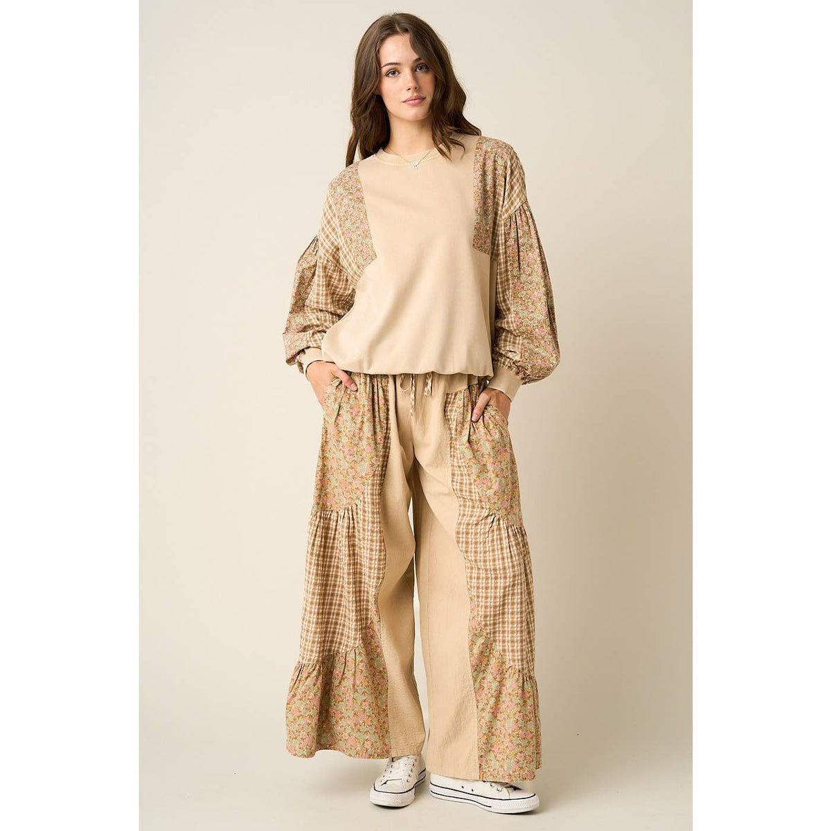 Ashlyn Patchwork Mixed Media Mineral Wash Crew