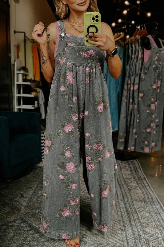 Christy Floral Pleated Wide Leg Denim Jumpsuit