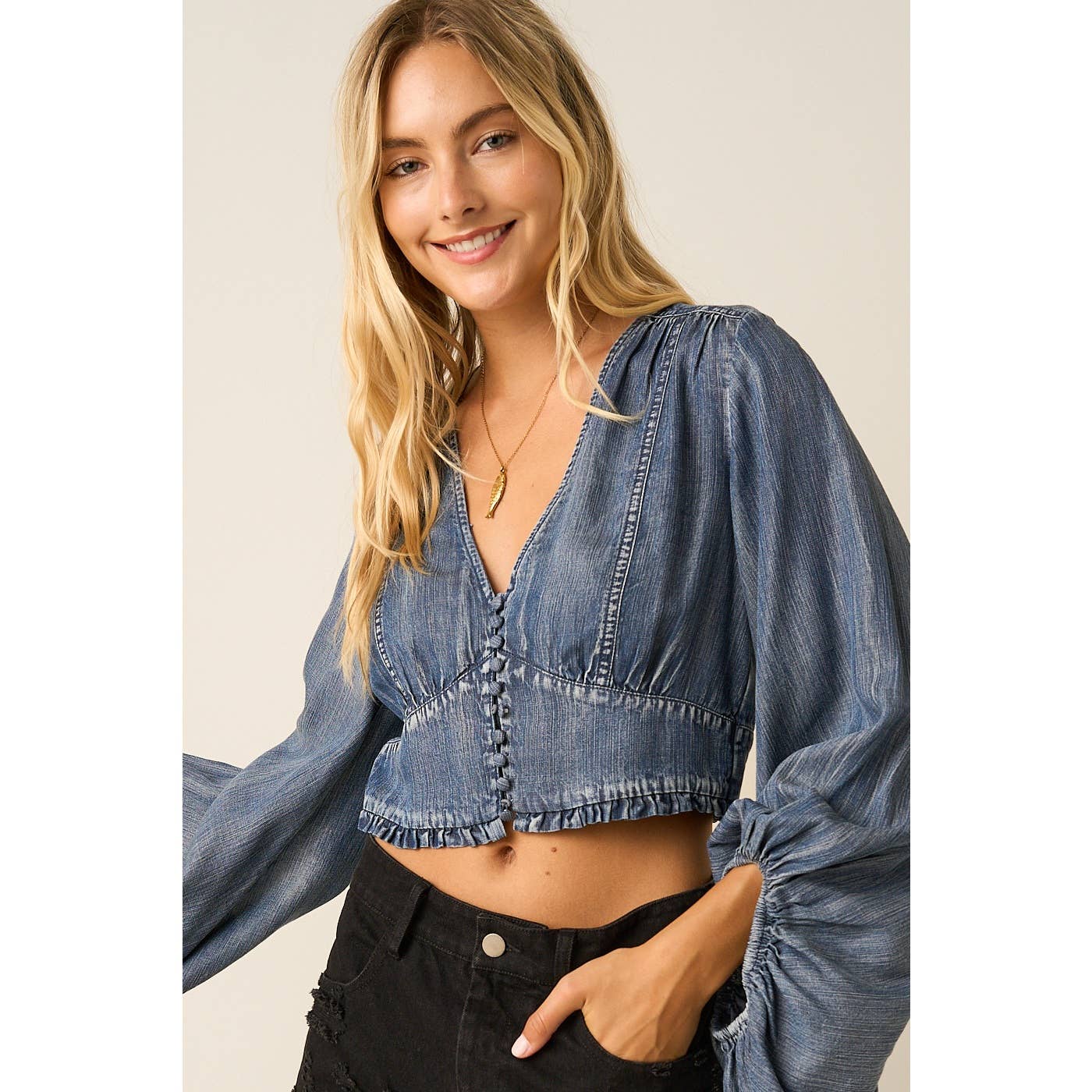 Ava Washed Chambray Vintage Button Balloon Sleeve Crop