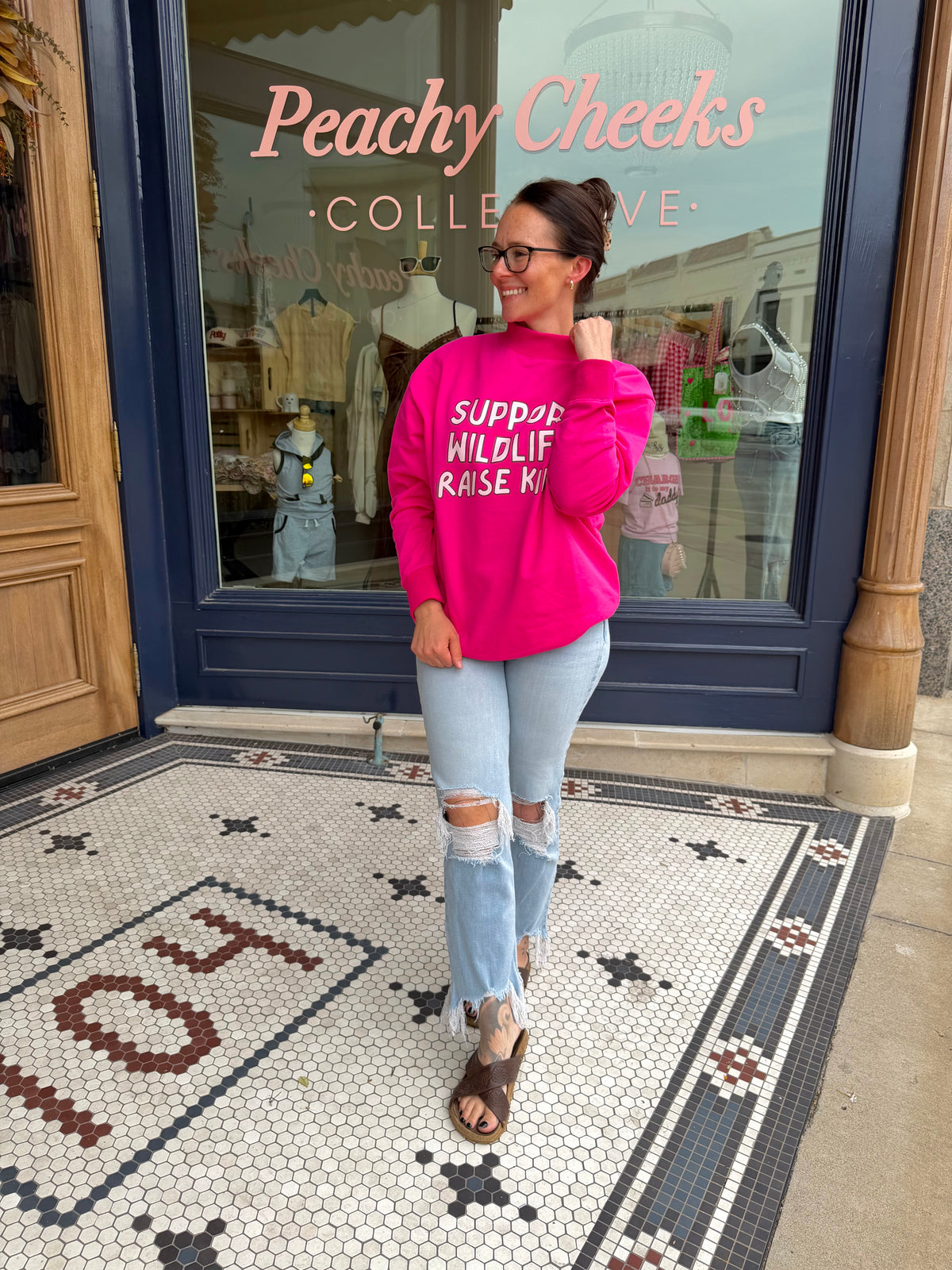 Support Wildlife Raise Kids Mock Neck In Hot Pink