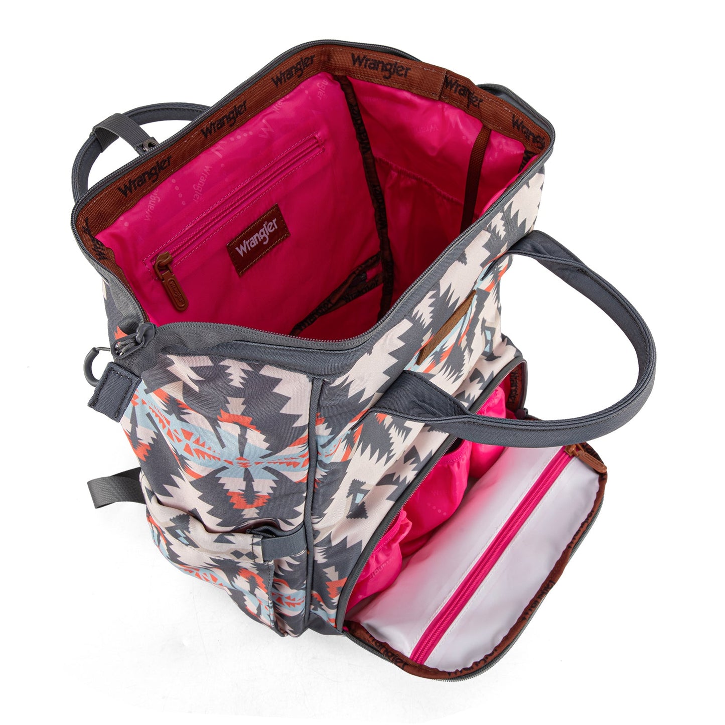 Aztec Gray Wrangler Bag / Diaper Bag - Hot Pink Interior