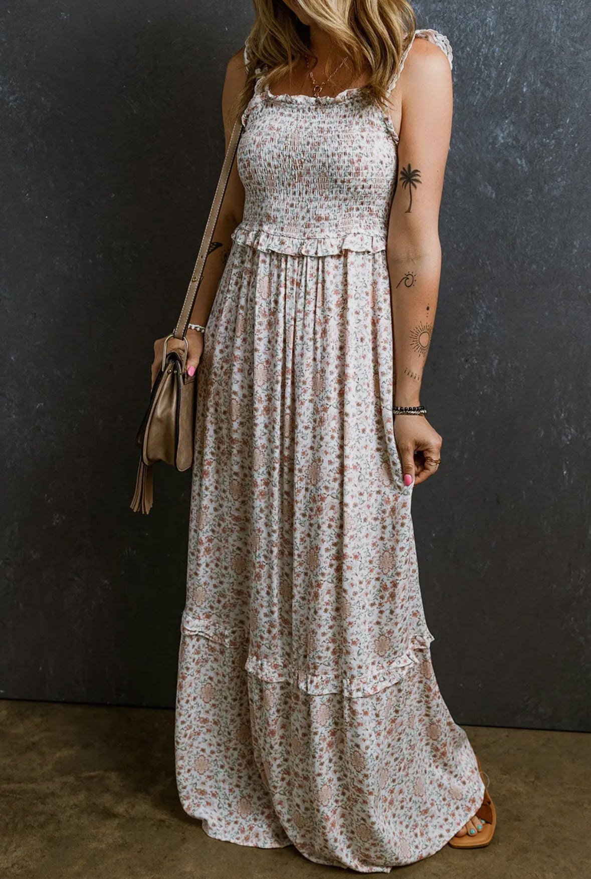Lace Hem Frilly Straps Smocked Floral Maxi RTS