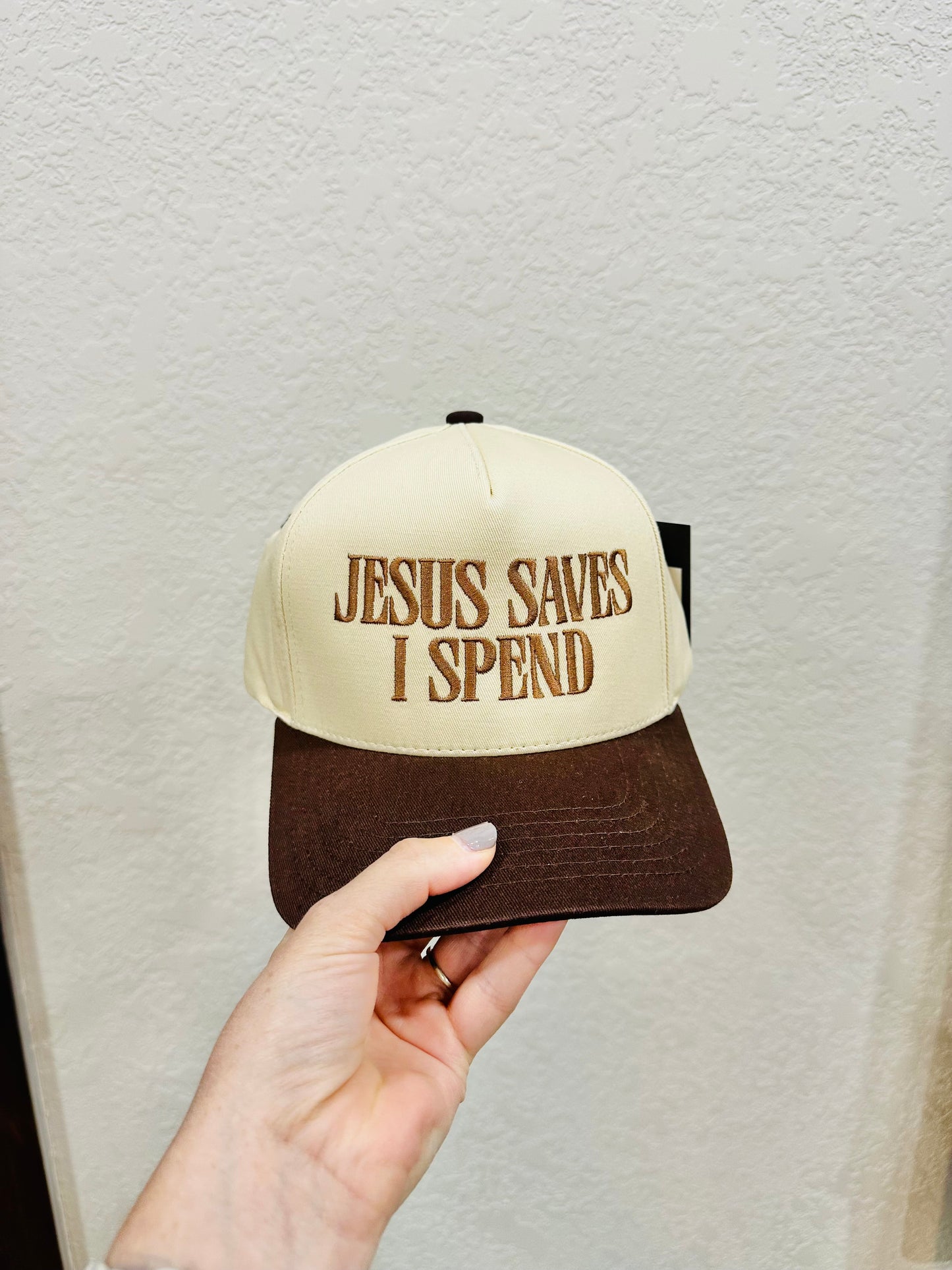 Jesus Saves I Spend Embroidered Hat RTS