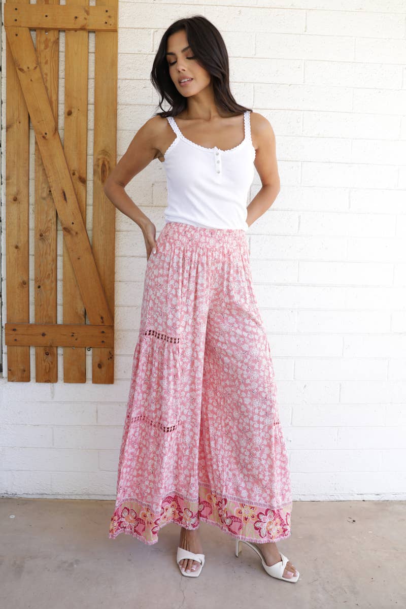 Debbie Lace Trim Wide Leg Floral Pants W Smocked Waist