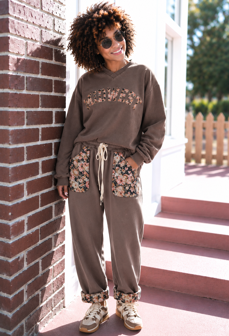 Brown Floral Embroidered Midwest V-Neck Crew