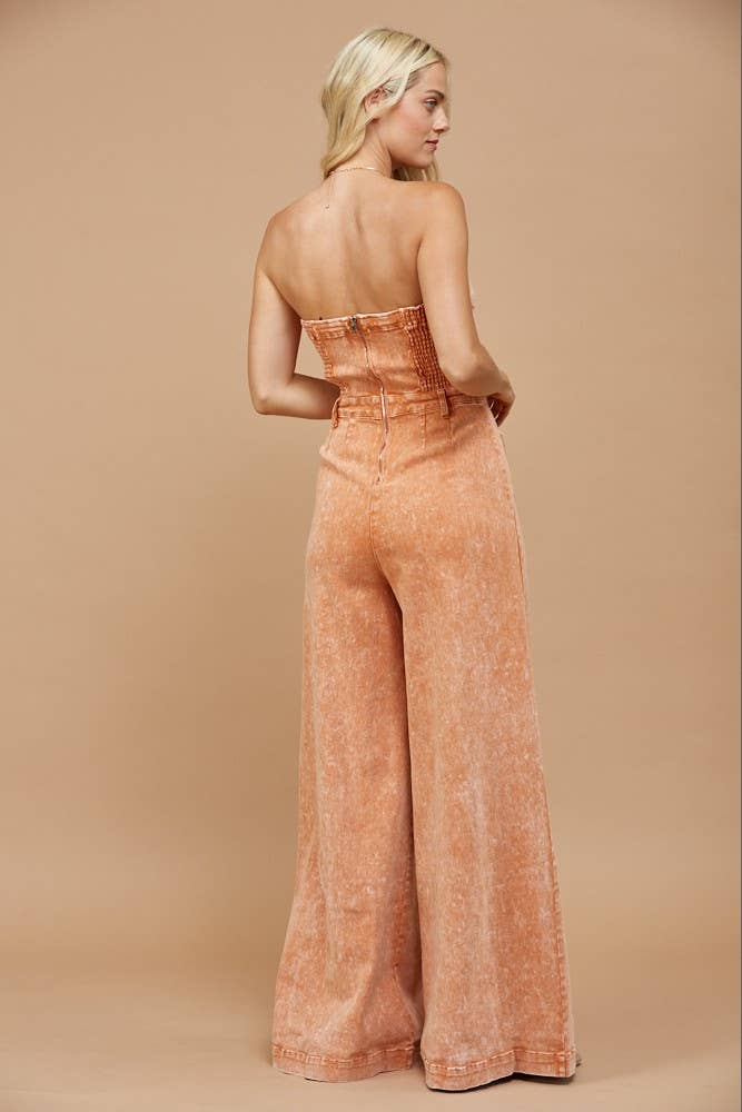Boho Stone Wash Wide Leg Denim Jumpsuit