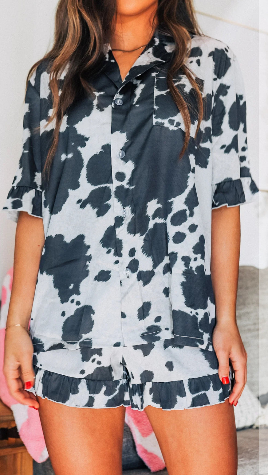Black Cow Print Ruffle Western Pajamas