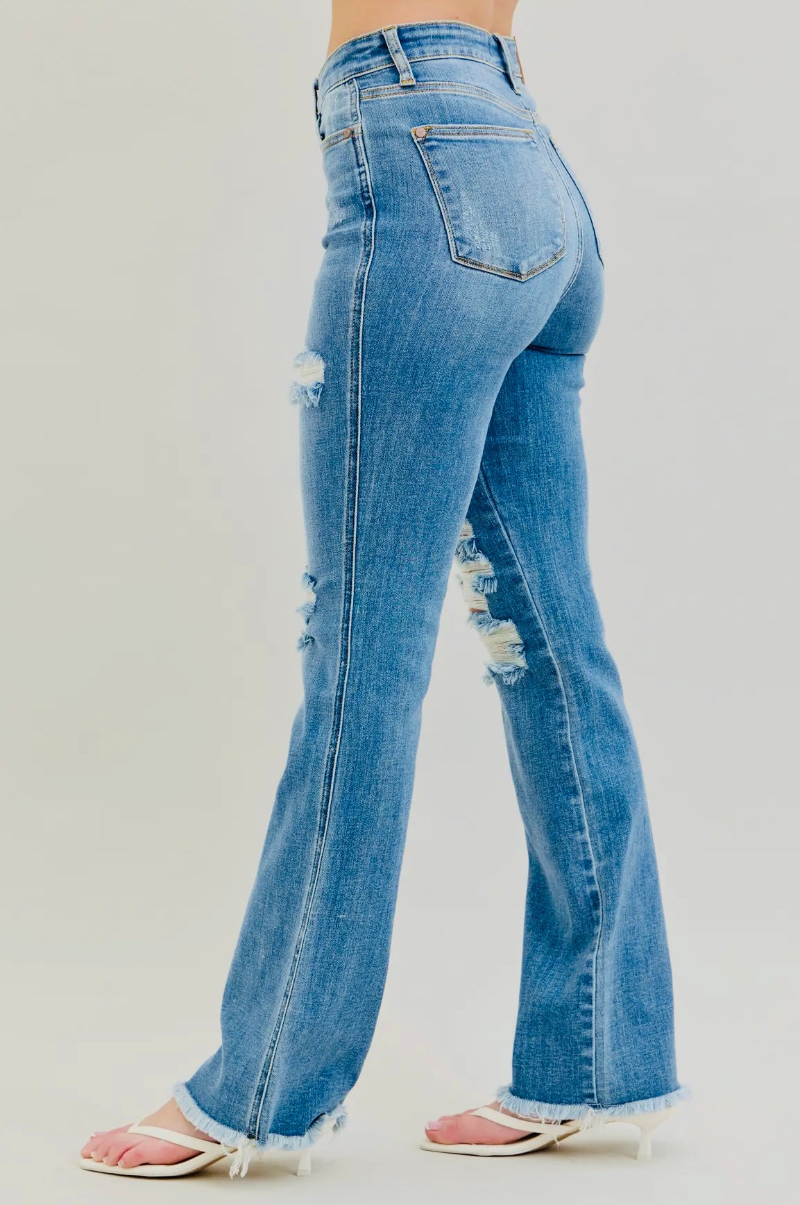 Judy Blue High Waist Distressed + Frayed Hem Bootcut Denim - RTS