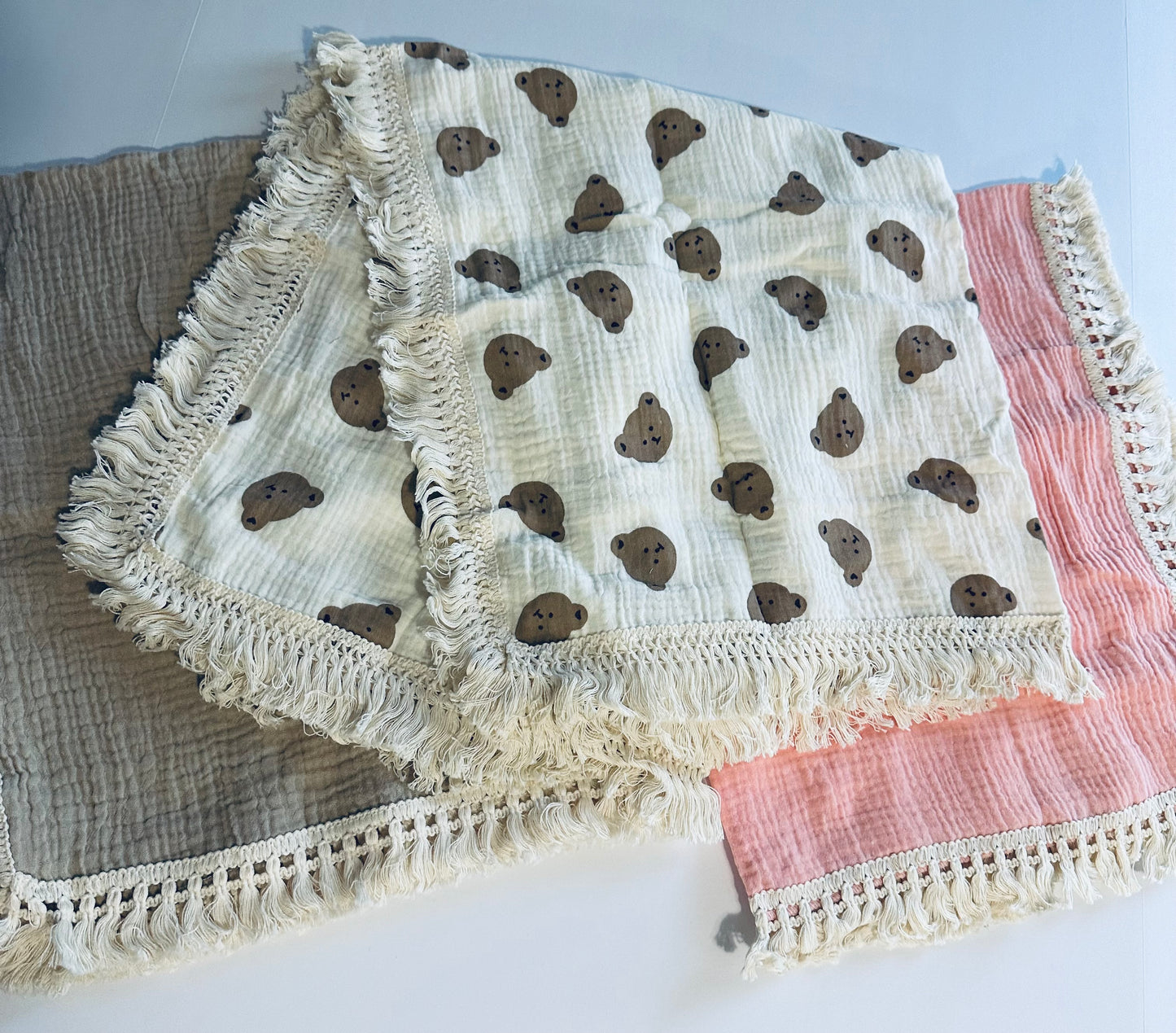 Bubblegum Muslin Swaddle Blanket With Boho Trim RTS