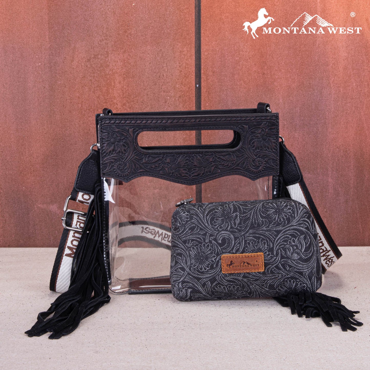Montana Tooled Leather Clear Stadium Crossbody + Wallet - Black