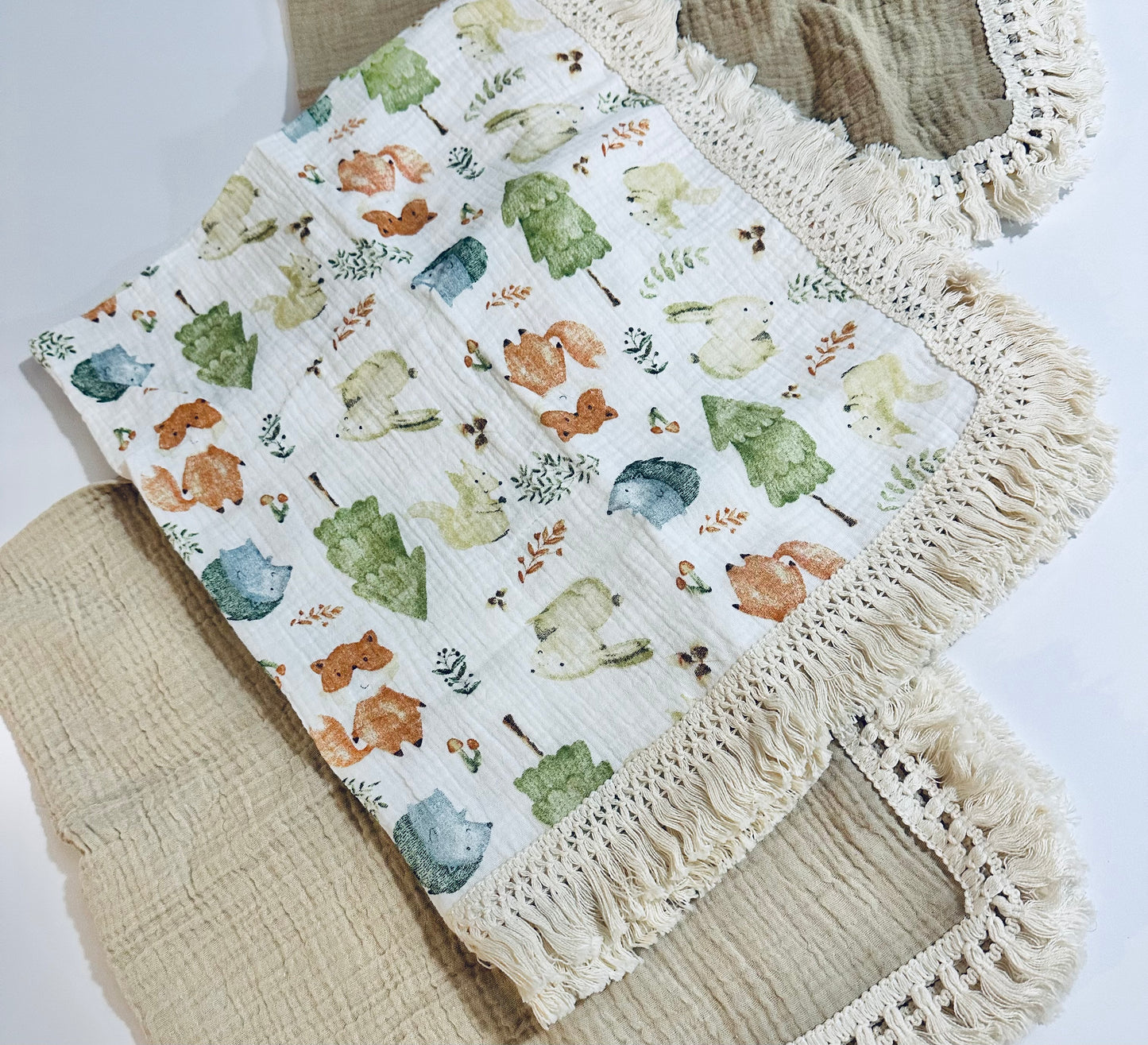 Baby Animals Woodland Muslin Swaddle Blanket With Boho Trim RTS