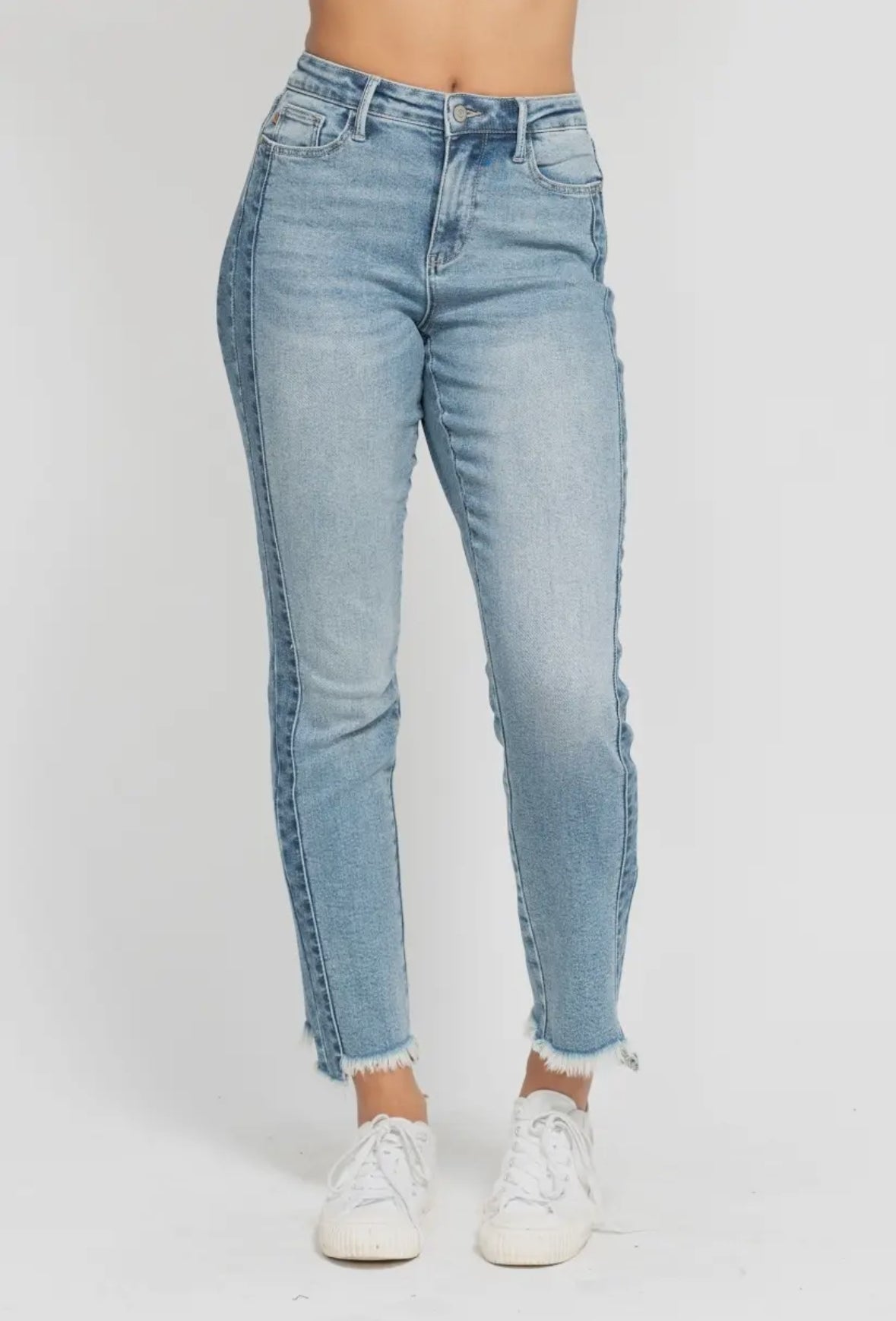 Judy Blue High Waist Vintage Wash Side Panel Detail & Hi Lo Fray Hem Slim - RTS