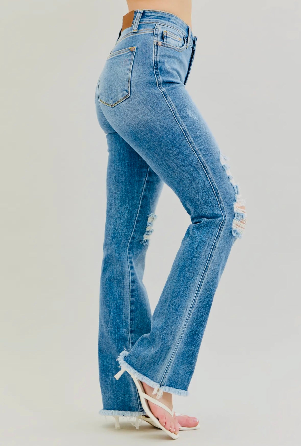 Judy Blue High Waist Distressed + Frayed Hem Bootcut Denim - RTS