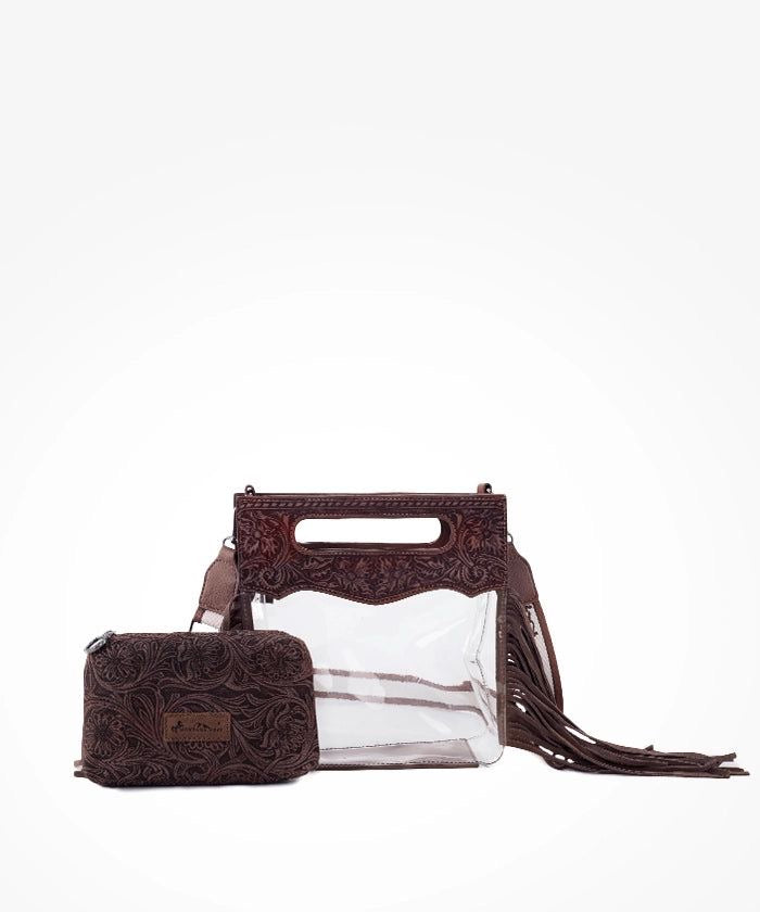 Montana Tooled Leather Clear Stadium Crossbody + Wallet - Coffee