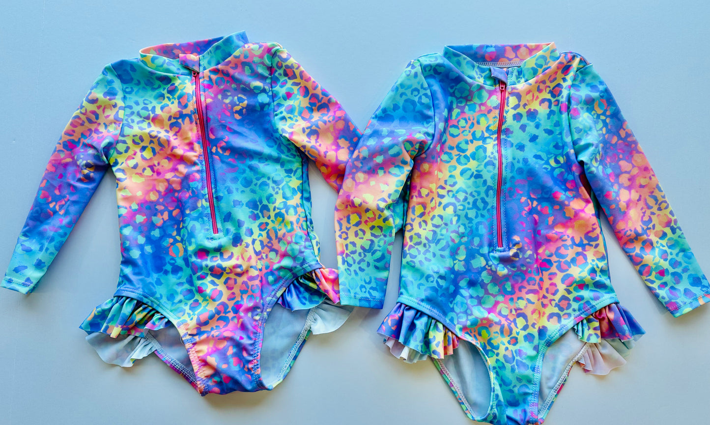 Neon Leopard Ruffle Long Sleeve Swimmie
