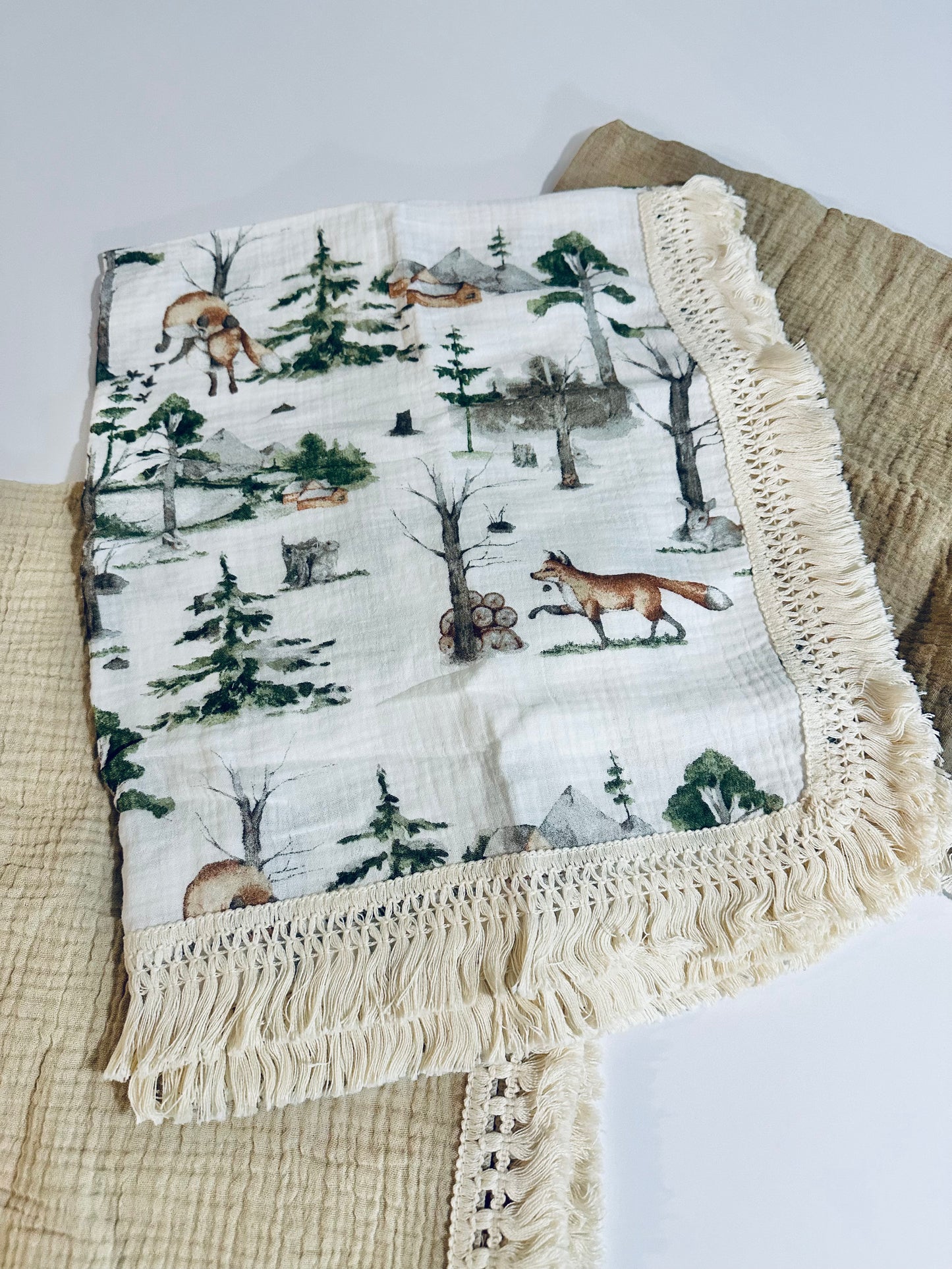 Woodland Fox Muslin Swaddle Blanket With Boho Trim RTS