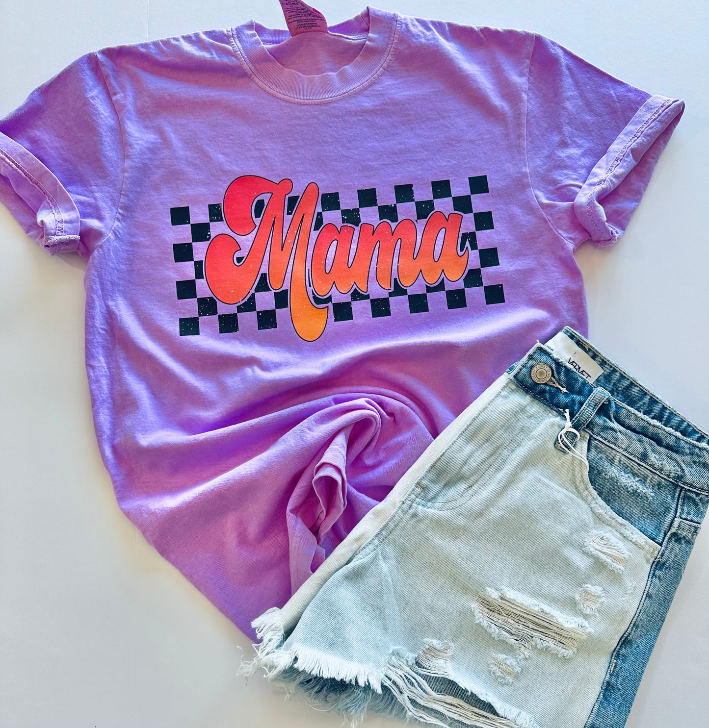 Neon Violet + Tropical Check Mama CC Tee RTS!