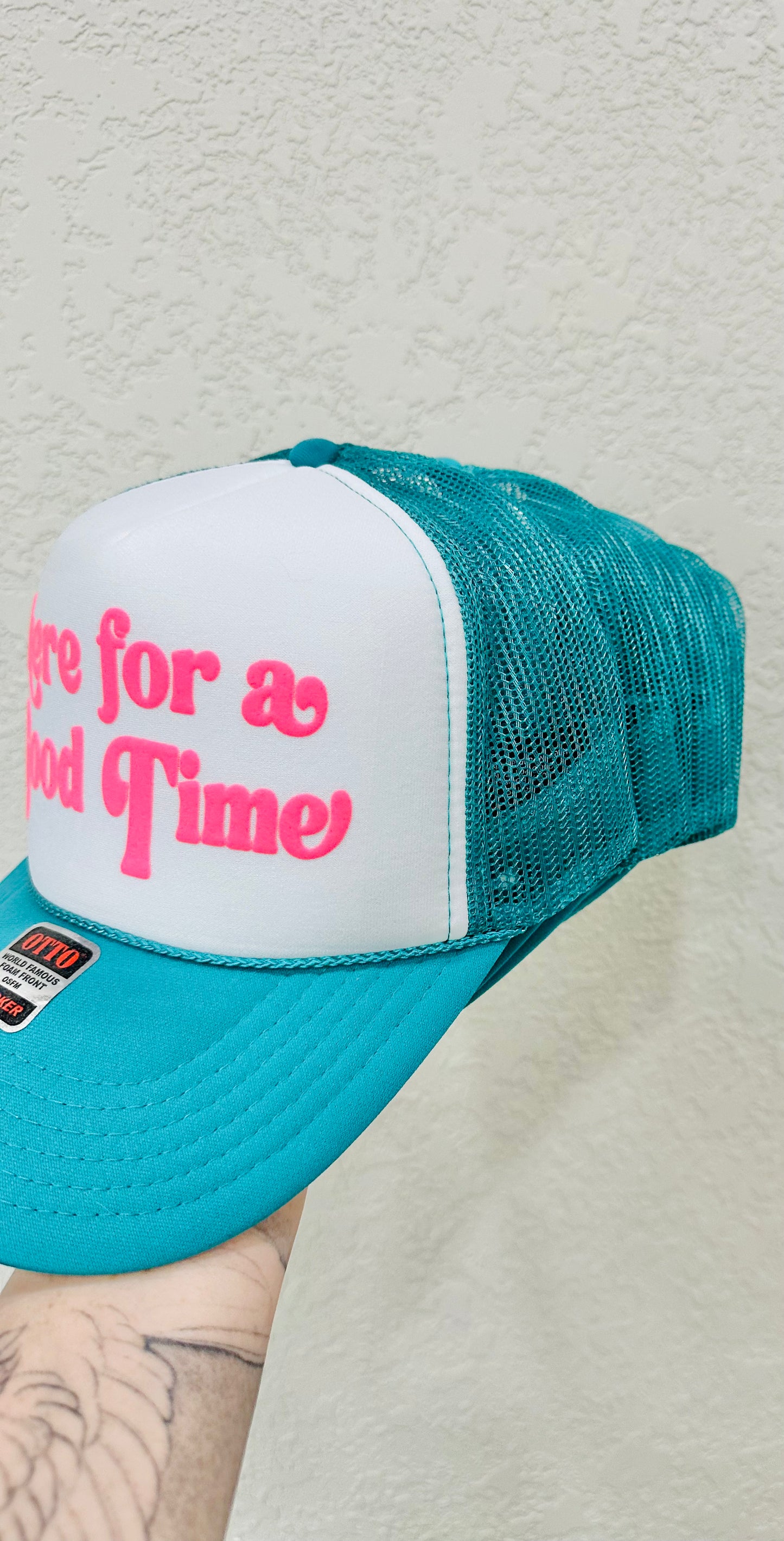 Here For A Good Time - Hot Pink Puff Print on Teal Hat RTS