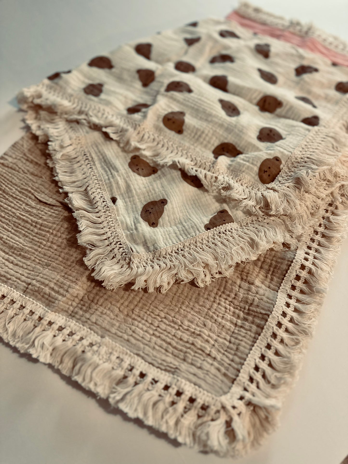 Bears Muslin Swaddle Blanket With Boho Trim RTS