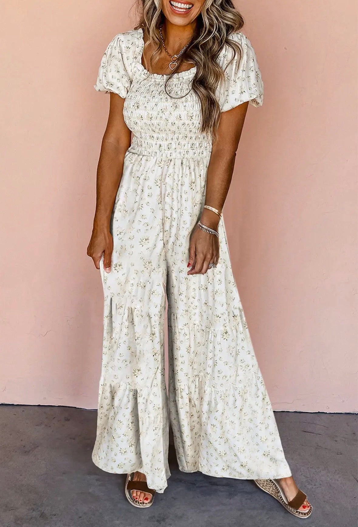 Sheila Smocked Boho Floral Wide Leg Jumpsuit