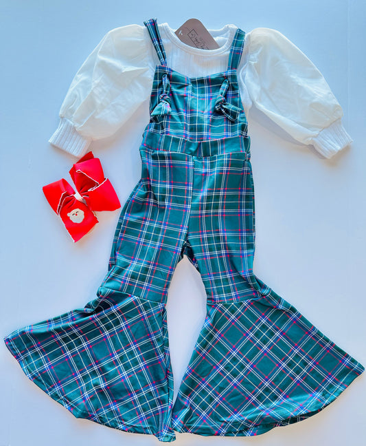 Christmas Plaid Bell Bottom Romper + Bubble Sleeve Top Set