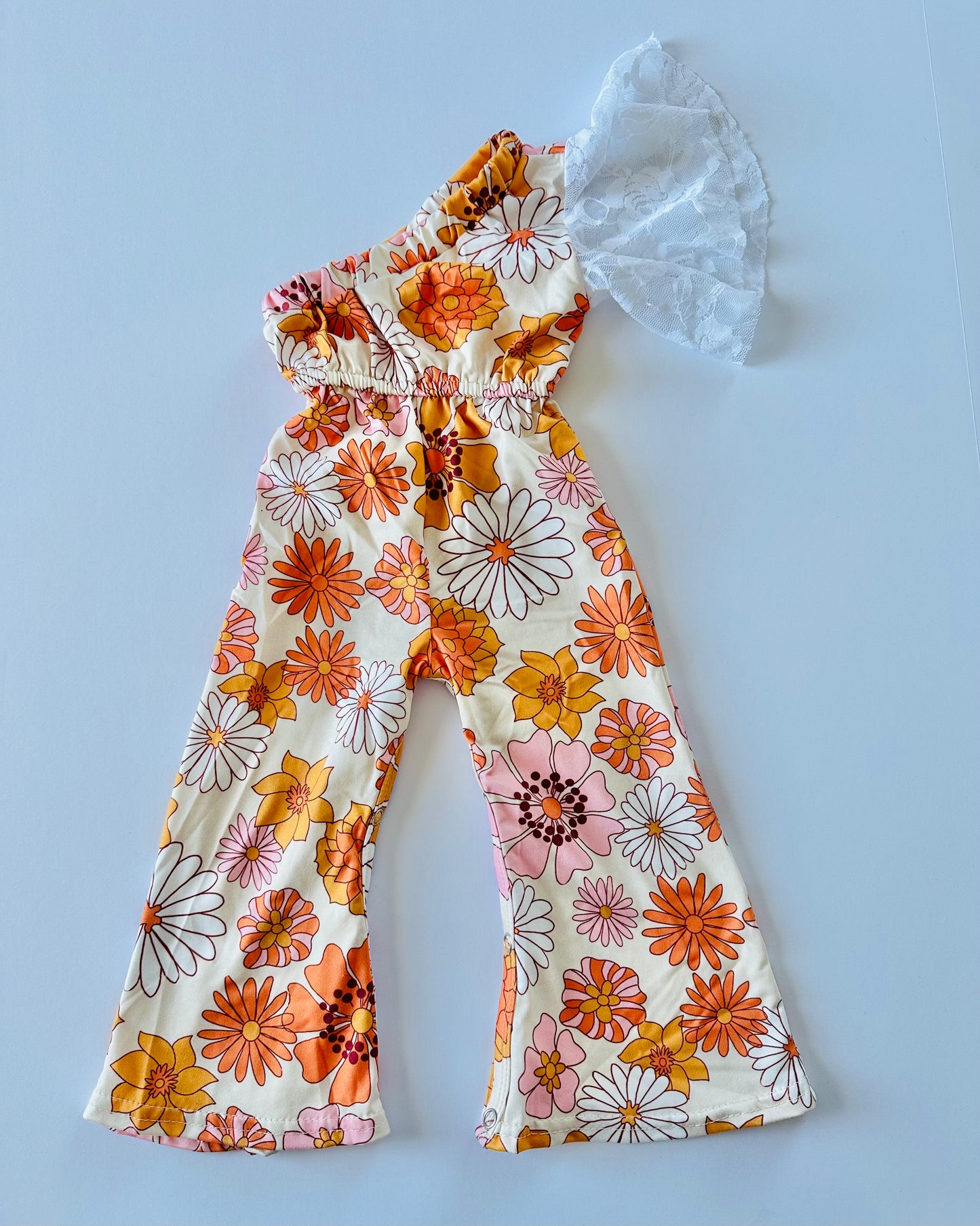 Retro Floral One Shoulder Lace Sleeve Romper RTS