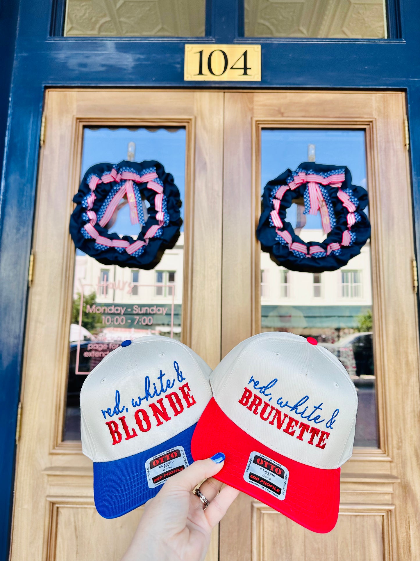 Red White & Brunette/Blonde Embroidered Trucker Hat