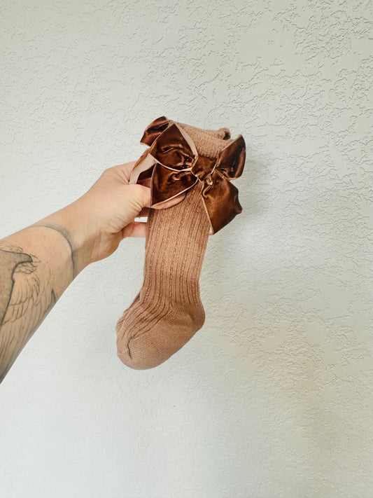 Big Velvet Bow Knitted Knee High Socks - Mocha