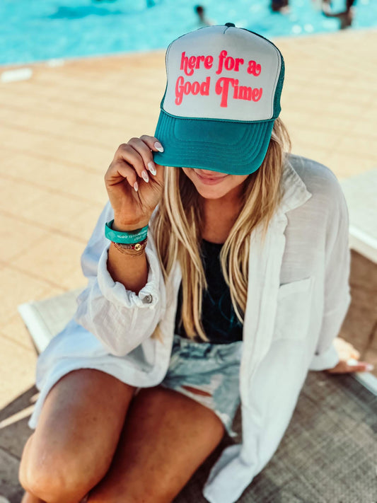 Here For A Good Time - Hot Pink Puff Print on Teal Hat RTS