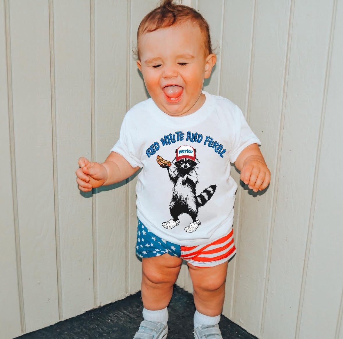 Raccoon Red White & Feral on Ivory Tee Adult + Kids RTS