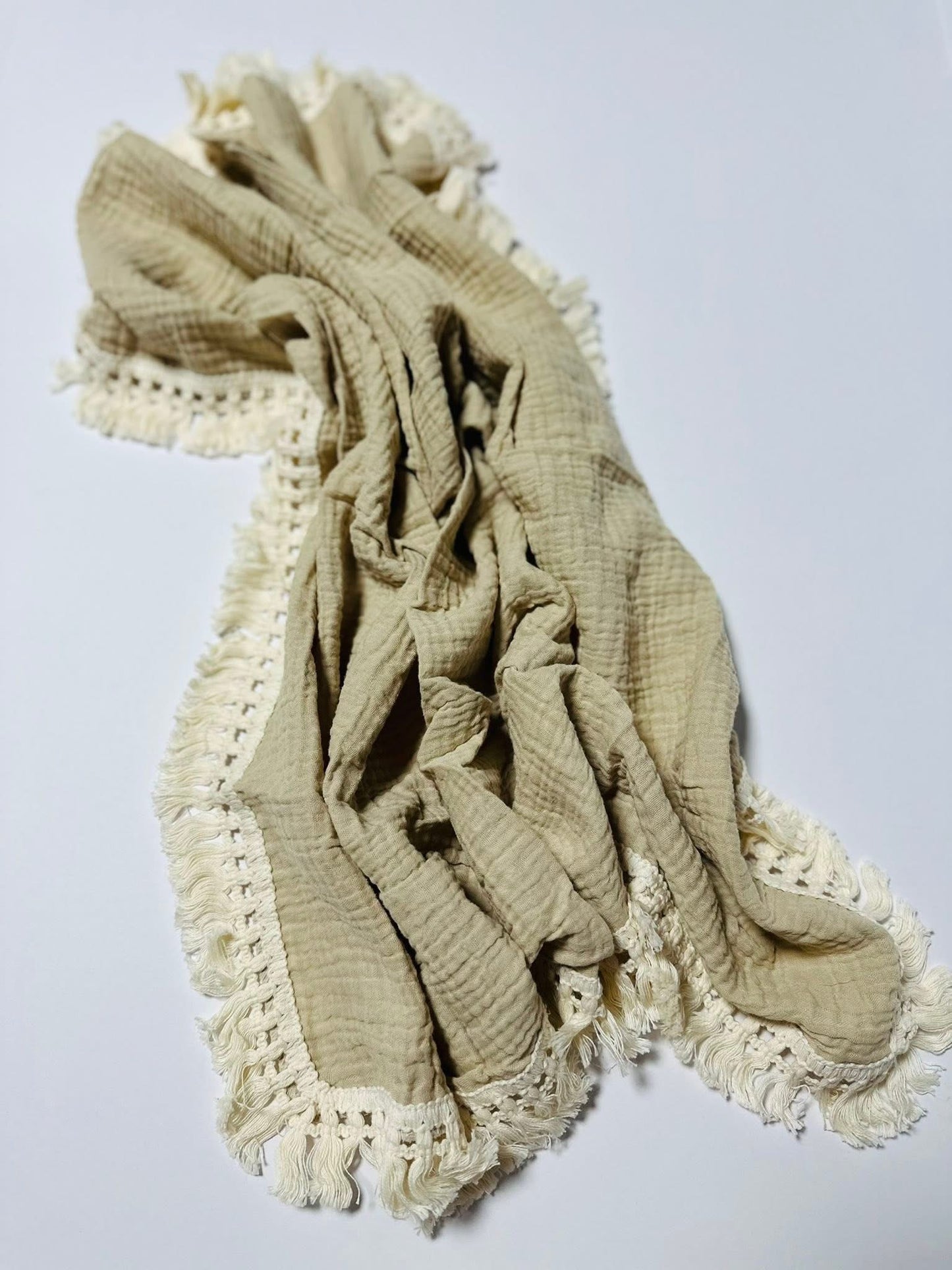 Sandy Muslin Swaddle Blanket With Boho Trim RTS
