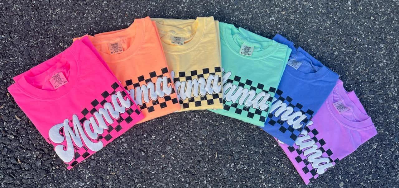 Checkered NEON Mama Puff Print on Comfort Colors