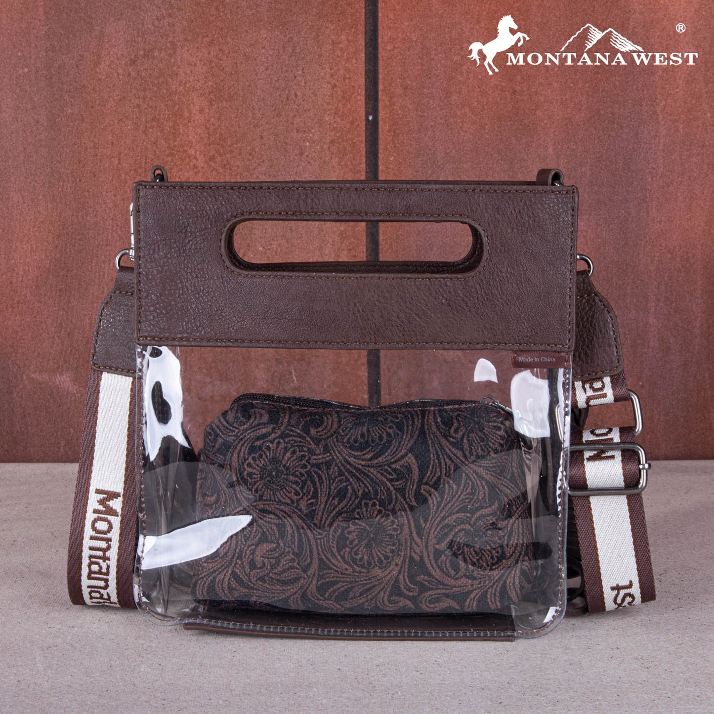 Montana Tooled Leather Clear Stadium Crossbody + Wallet - Coffee